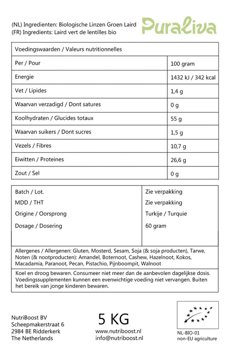 Voedingswaarden linzen groen laird biologisch