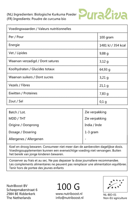 voedingswaarden biologische kurkuma poeder puraliva