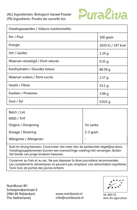 voedingswaarden biologische kaneel poeder puraliva