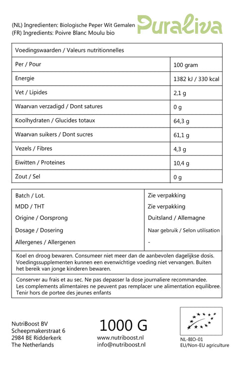 voedingswaarden witte peper poeder biologisch