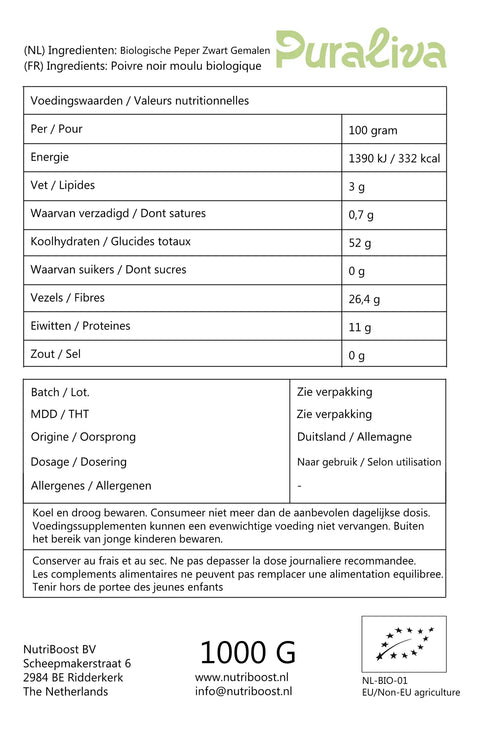 voedingswaarden zwarte peper poeder biologisch