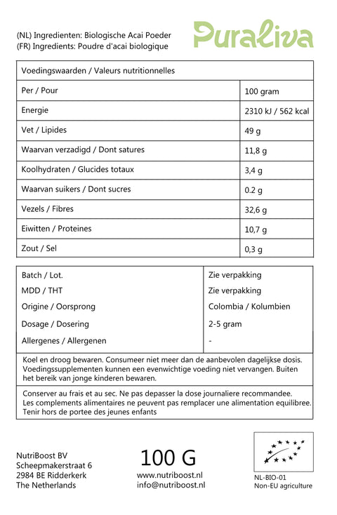 voedingswaarden biologische acai poeder puraliva