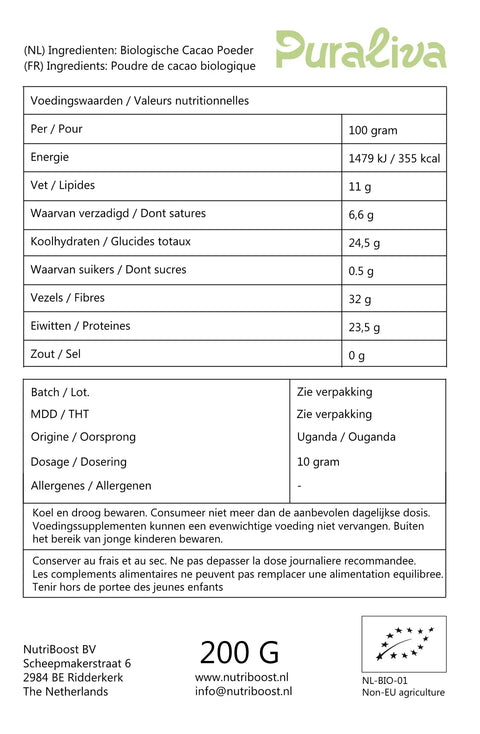 voedingswaarden cacao poeder biologisch 200g