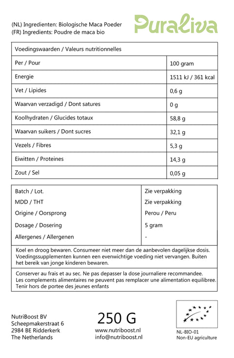 voedingswaarden biologische maca poeder puraliva
