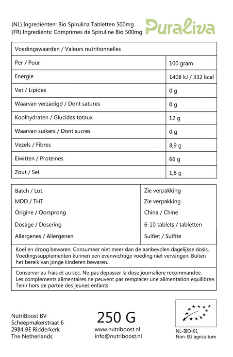 voedingswaarden spirulina tabletten biologisch